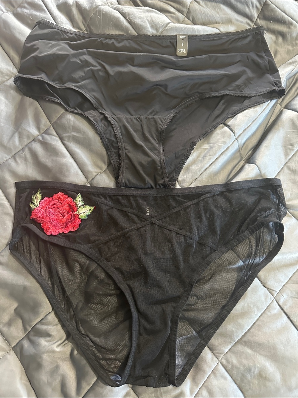 Lot of 2 Black Mesh Sexy Cheeky with Red Rose Appliqué Sz 2